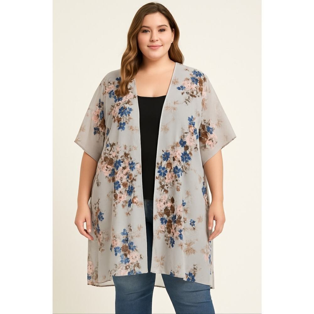 Hibluco Floral Flowy Sheer Kimono Cardigan Lightweight Open Front Cover-Up 2XL